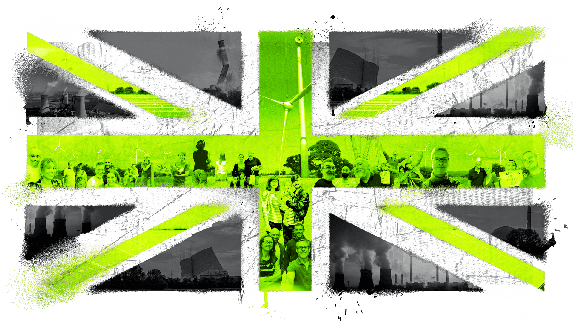 Union Jack in Ecotricity green with people vs. fossil fuels